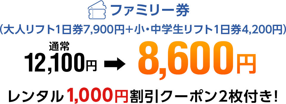 ファミリー券 （大人リフト1日券7,900円＋小・中学生リフト1日券4,200円） 通常12,100円→8,600円 レンタル1,000円割引クーポン2枚付き！